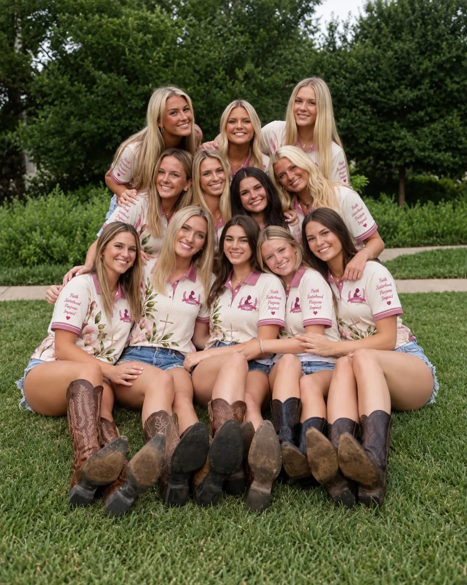 A group of friends on a lawn in matching cream polo shirts with a pink printed design