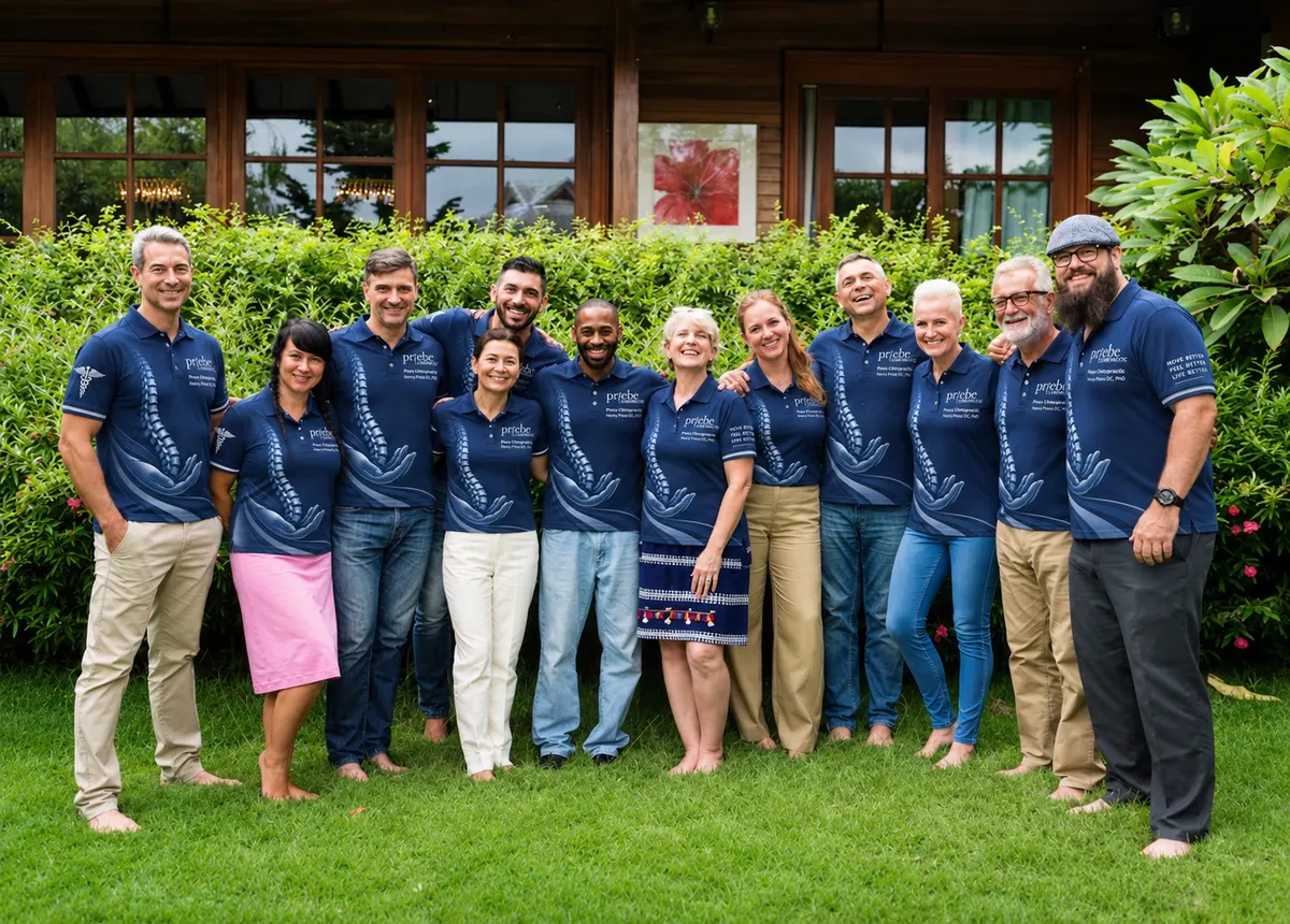 Staff in navy shirts in a garden